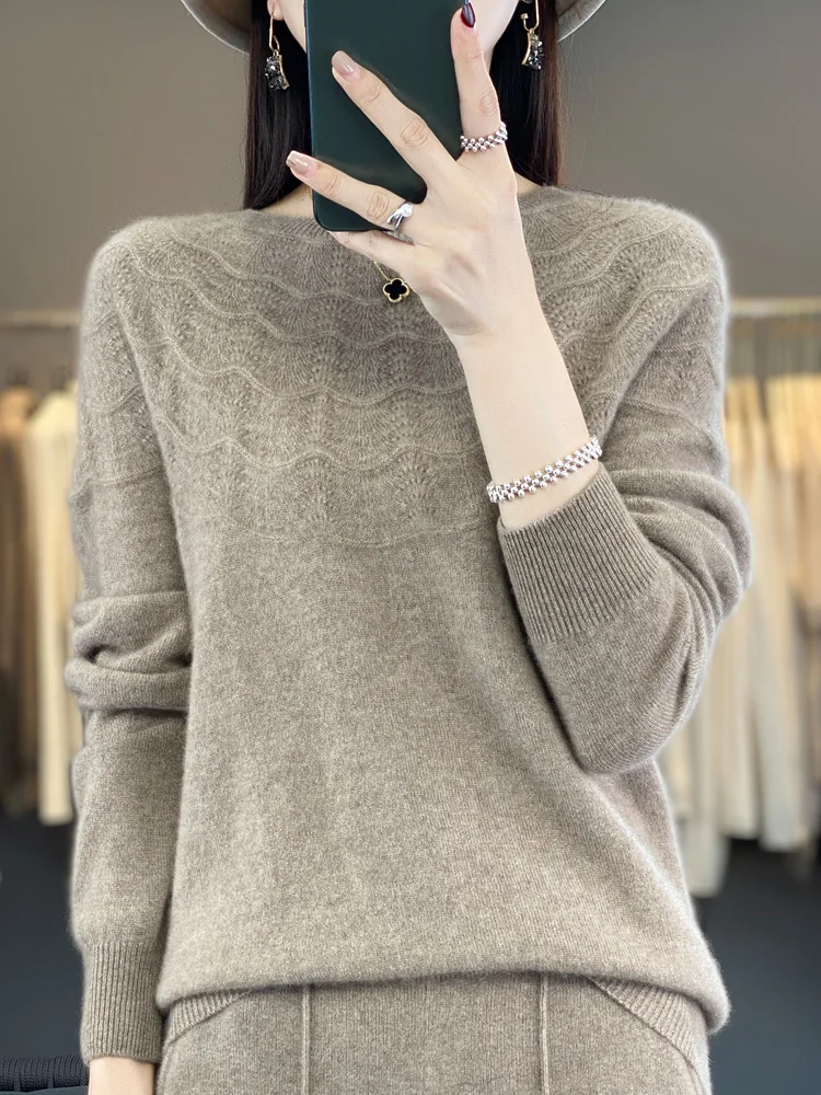 

Women’s O-neck Sweater Pullovers Autumn Winter Hollow Out Cashmere 100% Merino Wool Knitwear Raglan Sleeve Grace Clothing Tops