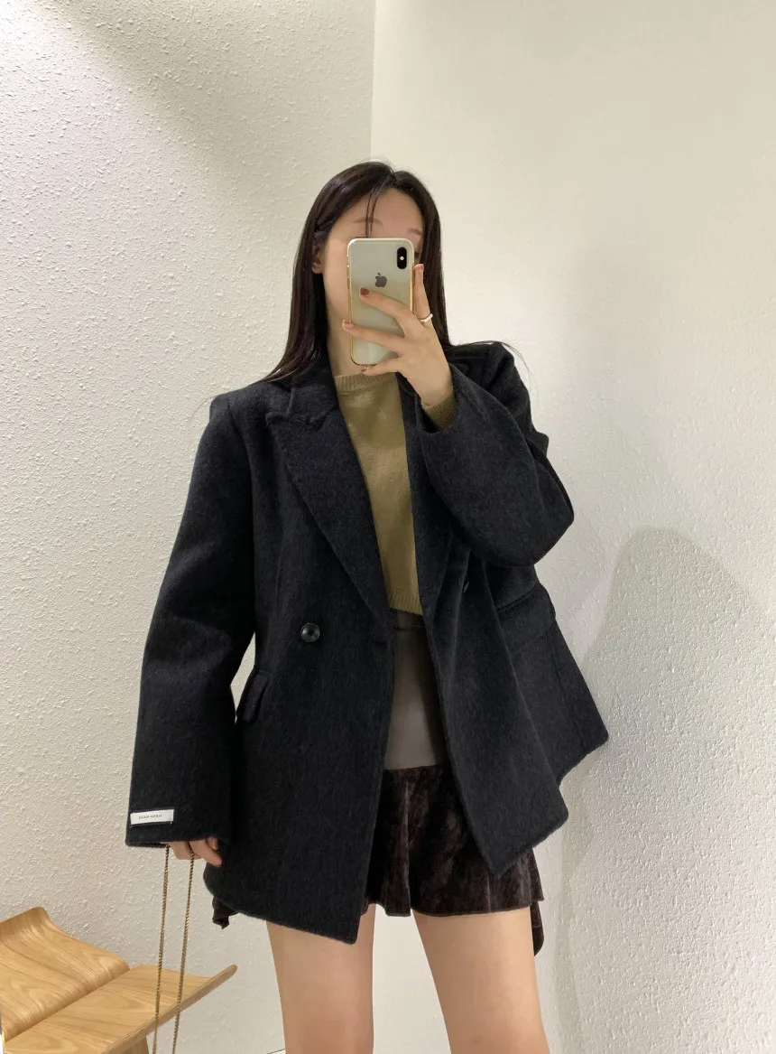 Autumn and Winter New High-end Women's Suit Long-sleeved Woolen Jacket Solid All-match Coat Double-breasted Office Lady Suit Top