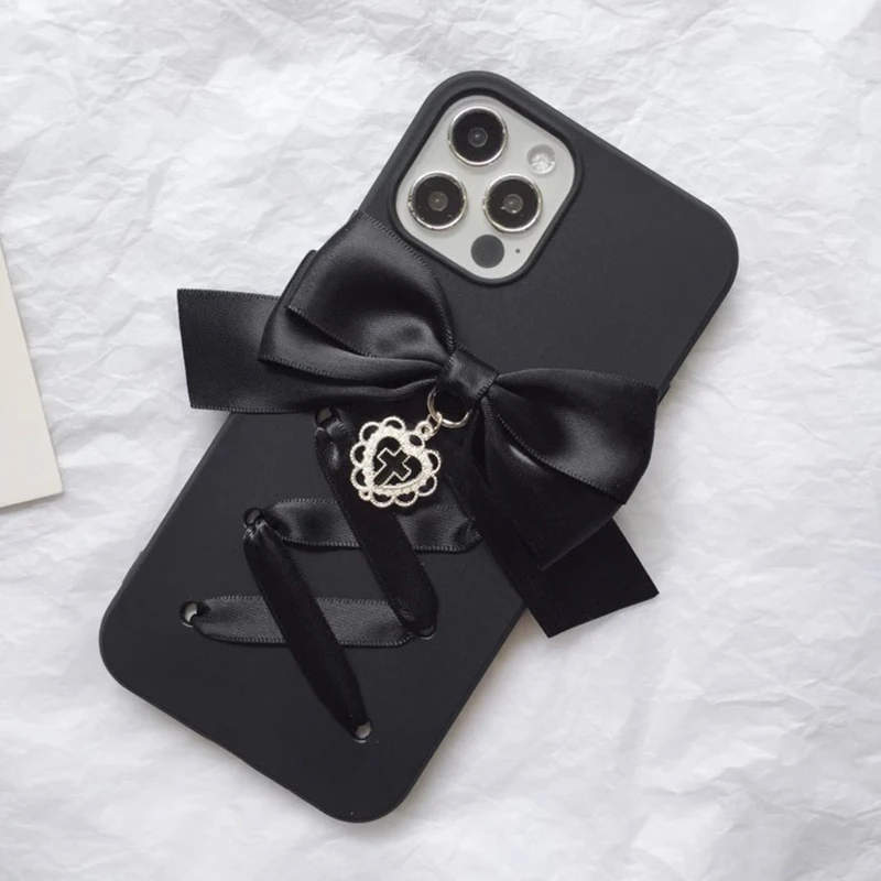Harajuku كول الأسود الشريط Bowknot اليدوية جراب هاتف آيفون 1615 14 13 12 برو ماكس X XS XR غالاكسي القوطية Y2k غطاء أسود #3