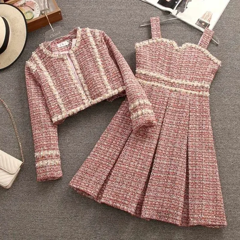 Women Formal Occasion Y2k Suit Pearl Jacke Coat and Dress Two Piece Set Luxury Outfit Winter Jacquard Tweed Fragrant Clothing