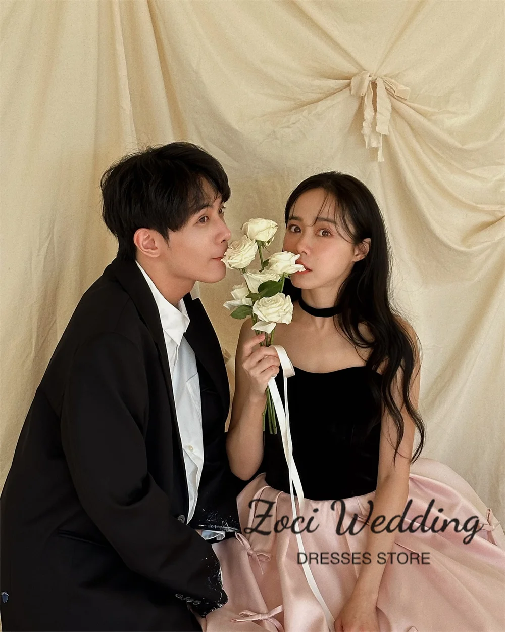 Zoci Contrast Color Fairy Evening Dresses Strapless A-line Bow Photo Shoot Dresses Customized Korea Wedding Reception Dresses