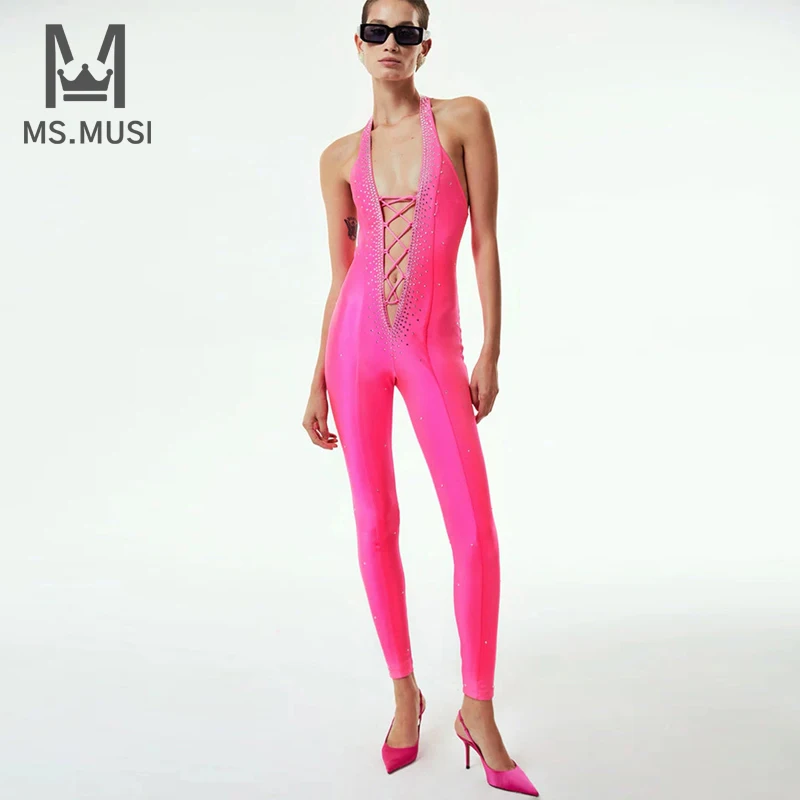 MSMUSI 2025 New Women Sexy Halter Deep V Lace Up Crystal Sleeveless Backless Bodycon Party Club Pencil Pant Bandage Jumpsuit