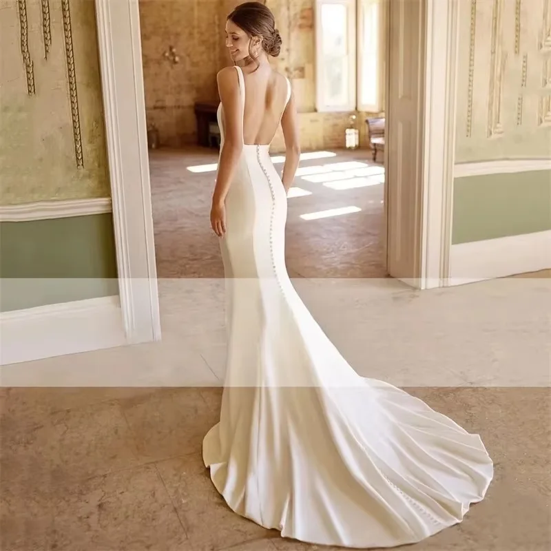 OL Customized Simple A-Line Wedding Dresses To Measure S Mermaid Wedding Dresses Women Open Back Square Collar Spaghetti Straps