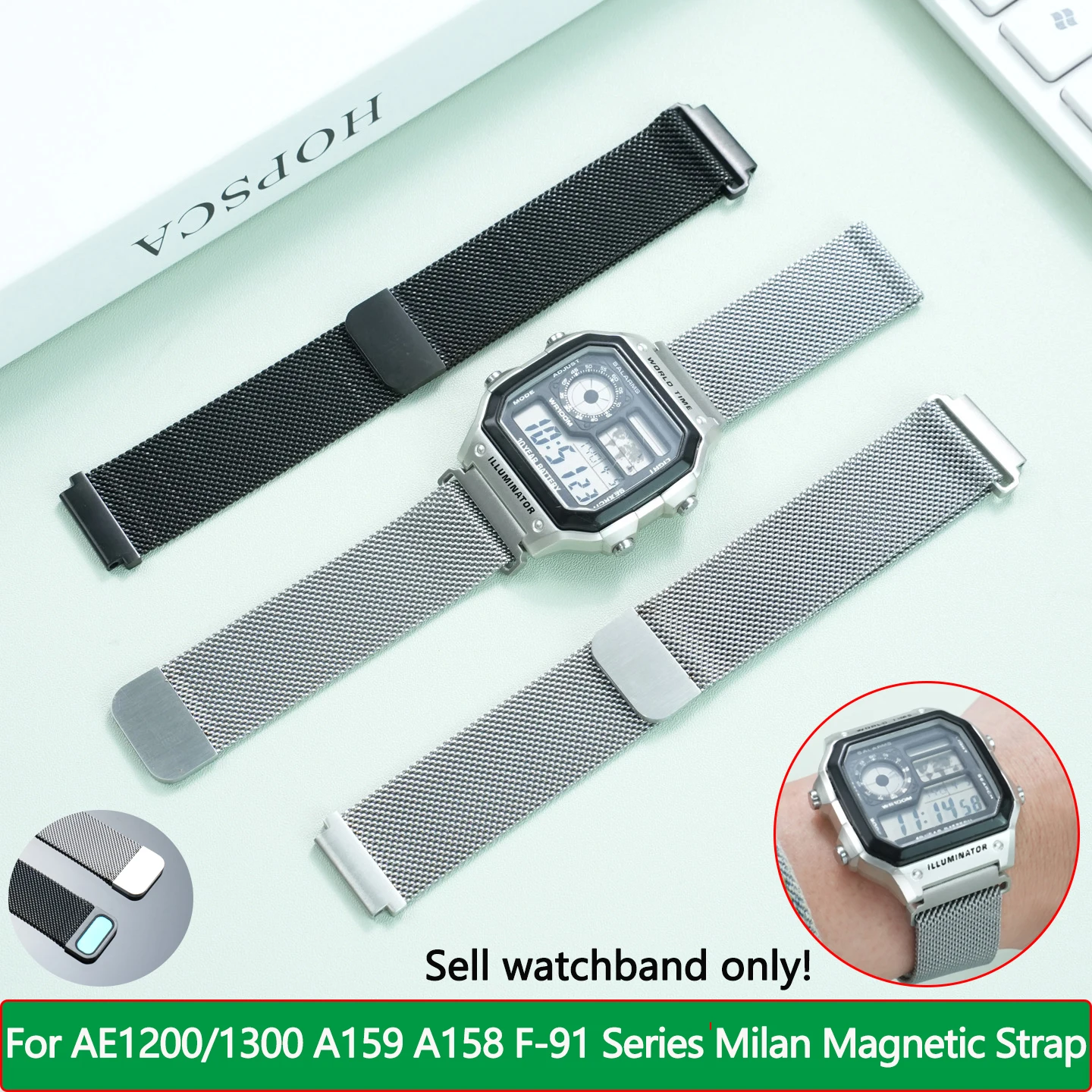 Correa de malla magnética para reloj Casio AE-1200/1300 A159W A158 LA680 W-216H A168/F91, pulsera de acero inoxidable de 18mm para hombre