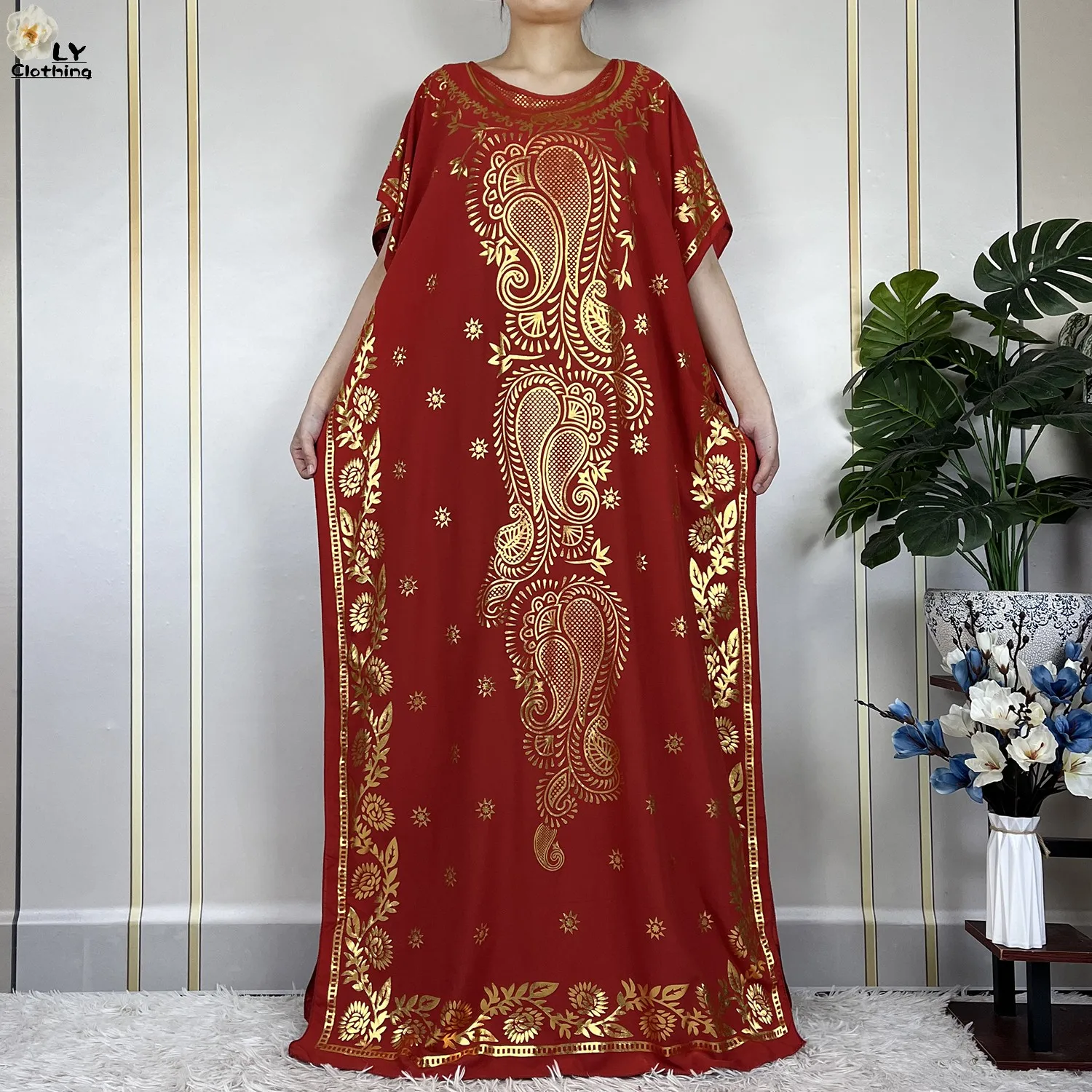 2024 New Summer Woman Short Sleeve Loose Dress Gold Stamping African Abaya Maxi Islam Women Femme Dress With Big Scarf Clothes