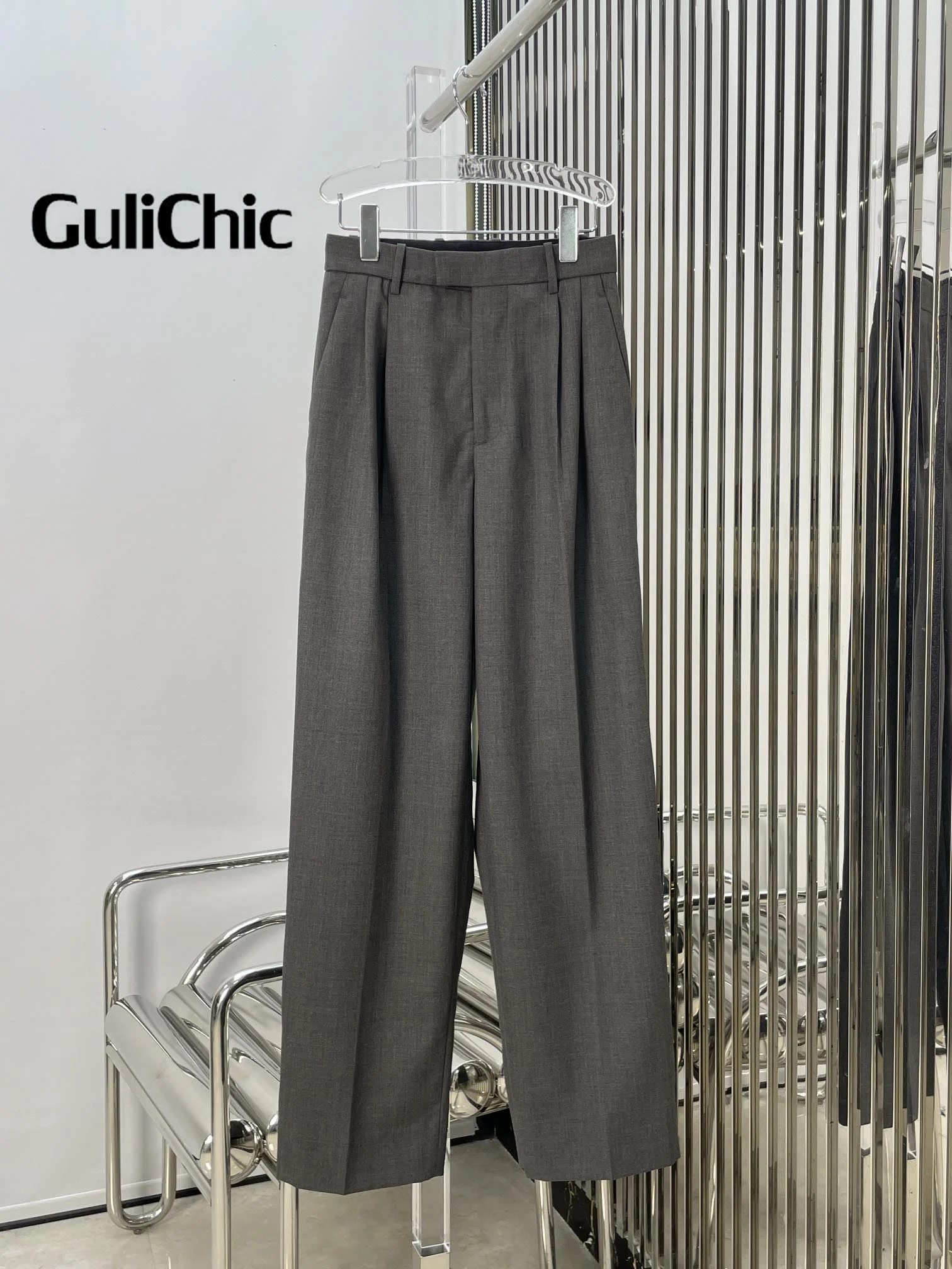 11.7 GuliChic Women 2024 New Temperament High Waist Straight Pants Worsted Wool Casual Trousers Office Lady