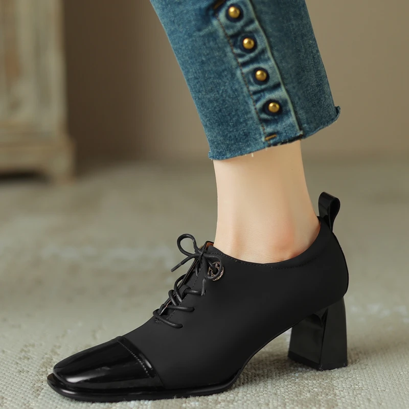 Women's New Square Headed Spring and Autumn Genuine Leather Cowhide Lace up Metal High Heels Large Size Deep Mouth Single Shoes