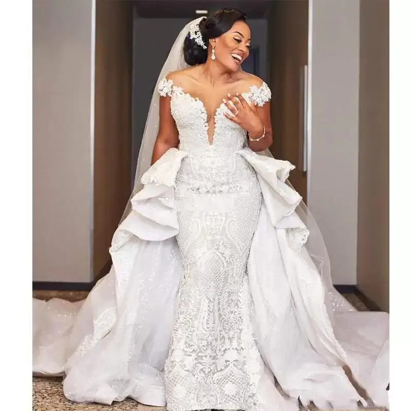 Customized Mermaid Wedding Dresses Detachable Train Sheer Neck Cap Sleeve Sequined Castle Africa Lace Wedding Gown Ruffles Brida