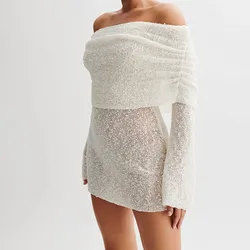 Sexy Off White Shoulder Knitted Dress For Women See Through Bodycon Hollow Out Crochet Sundress Wedding Guest Dresses Beach Outf