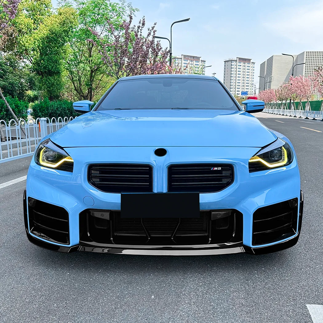 Full Front Lip + Side Corner Canards Kit For BMW M2 G87 MP 2023+ Piano Black Carbon Fiber Front Bumper Aero Small Body Kit