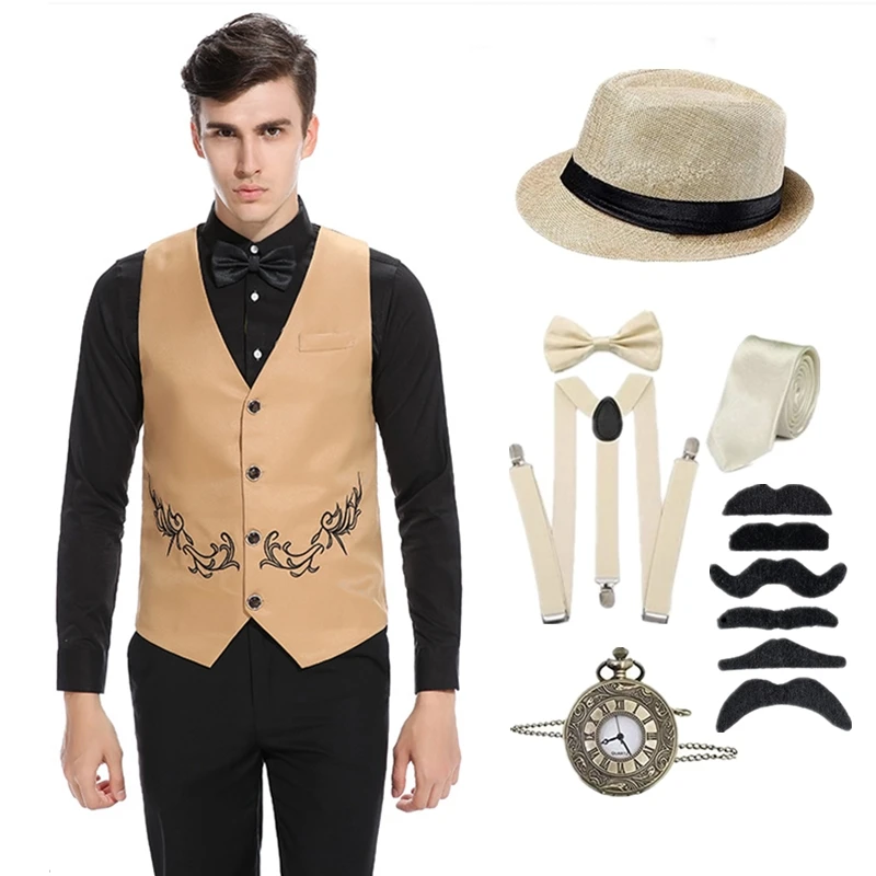 1920s Mens Gatsby Gangster Vest Costume Accessories Set Fedora Hat for Men Retro Costumes Anime Accessories Vintage Vest