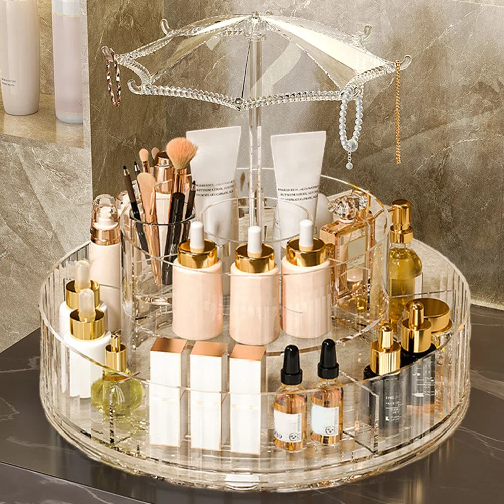 360 Rotating Make Up Caddy Shelf 2 Layer Turntable Cosmetics Storage Tray Round Acrylic Clear for Countertop Vanity and Bathroom