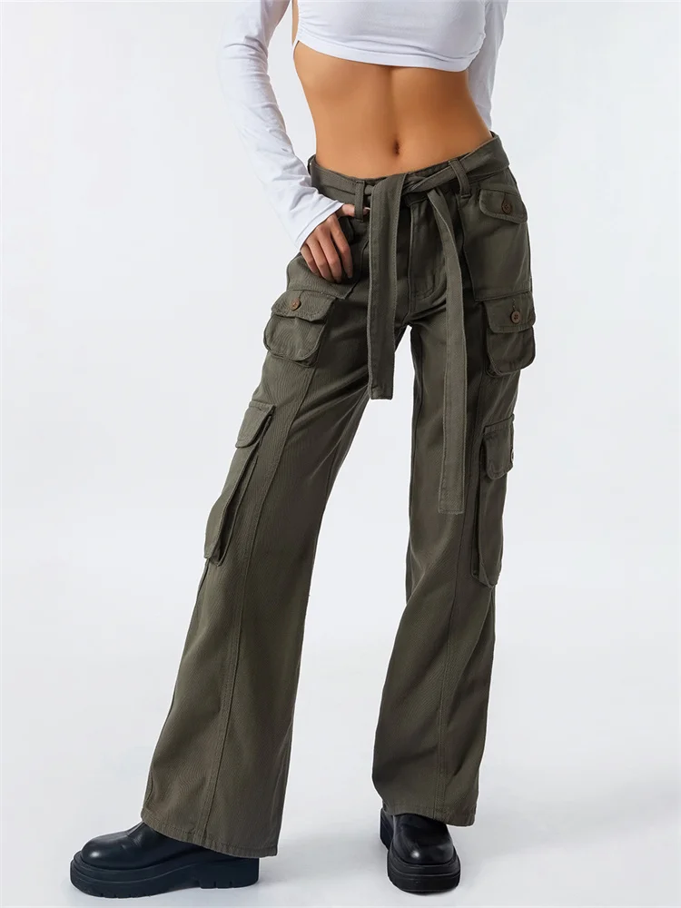 Women Straight Cargo Pants Y2K Hip Hop Punk Gothic Grunge E Girl Trousers Low Waist Pockets Long Pants with Belt Streetwear