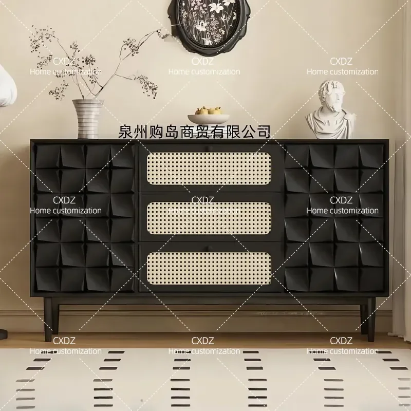 Black Paint Dining Side Cabinet Solid Wood Rattan Simple Modern Storage Cabinet for Living Room Entrance and TV Area Complete