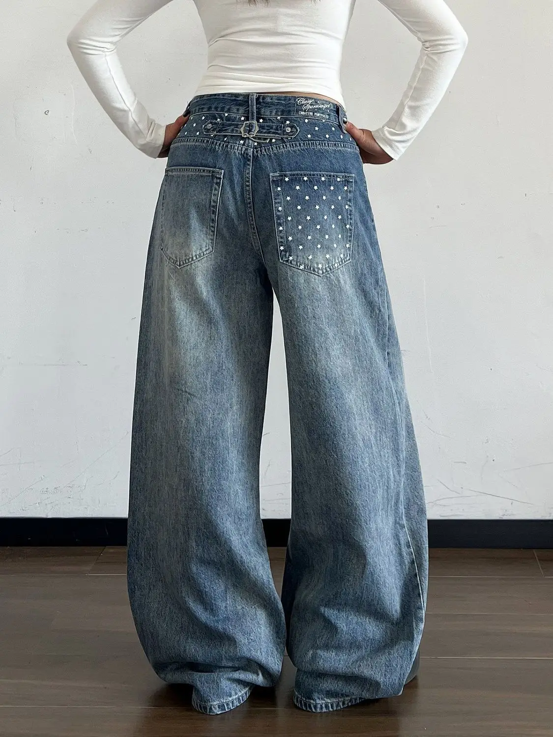 Women's Retro Star Print Jeans 90s Street Straight Trousers Y2k Bottoms High Waisted Sweatpants Female Fashion Blue Denim Pants