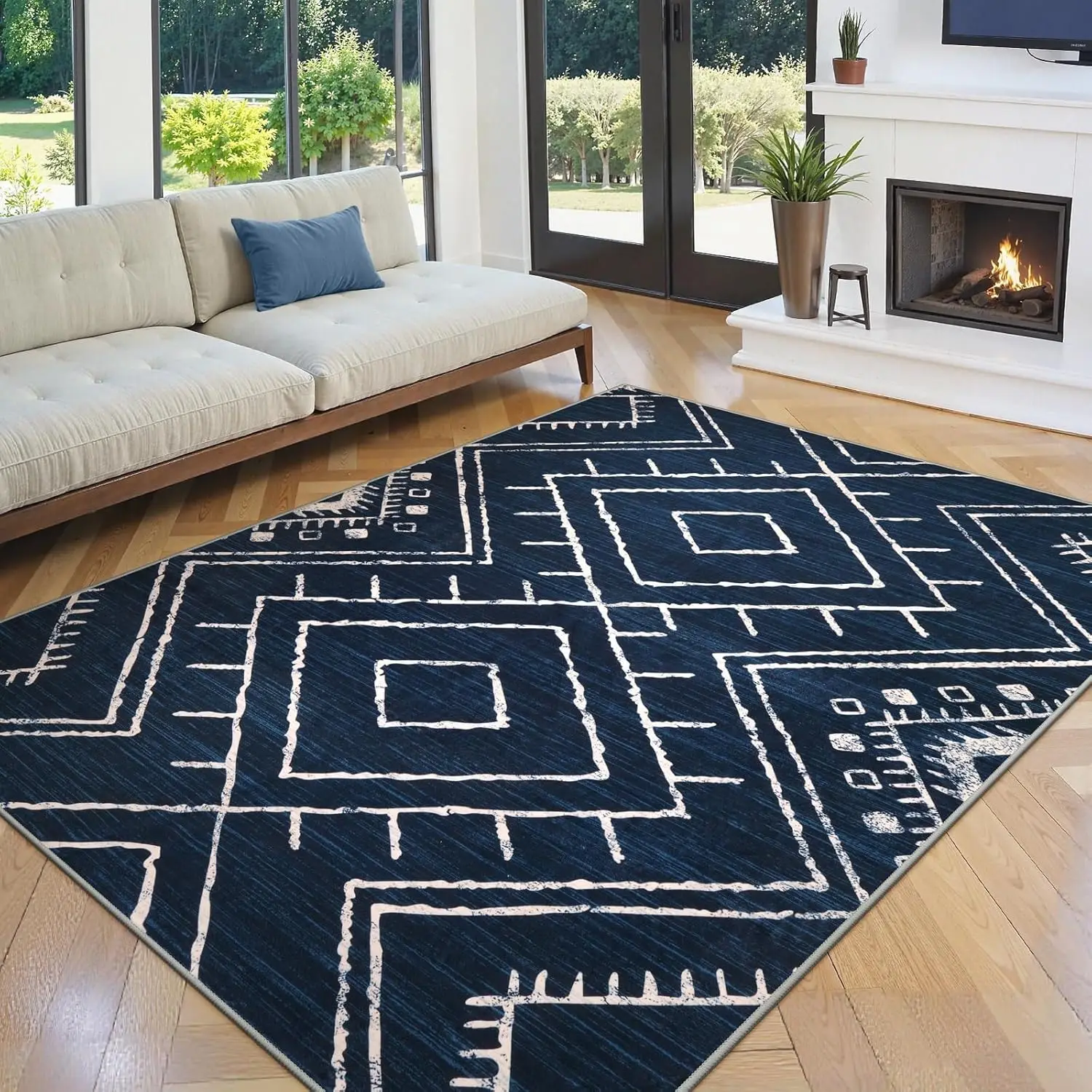 Black Washable Rugs for Living Room Bedroom, Non Slip Moroccan Tribal Rug Low Pile Modern Geometric Boho Area Rugs Diamond