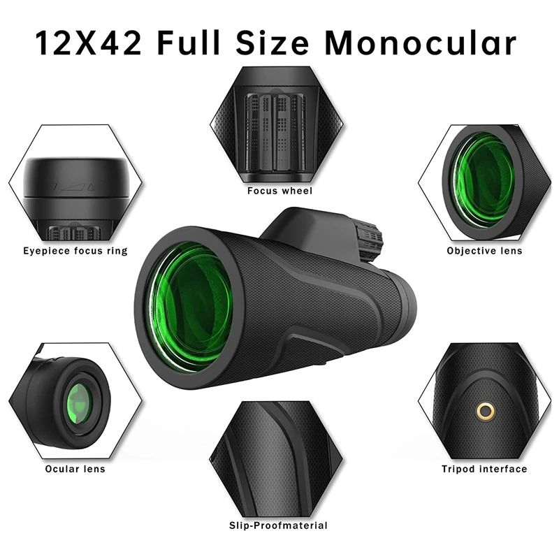 Monocular Telescope High Power 12X42 Monoculars For Adults Kids BAK4 FMC Monocular For Bird Watching Hunting (12X42)