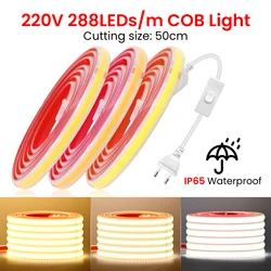 220V pasek COB LED z wtyczką przełącznika 288Leds/m IP65 wodoodporna zewnętrzna elastyczna taśma LED z przełącznikiem oświetlenie COB samoprzylepna