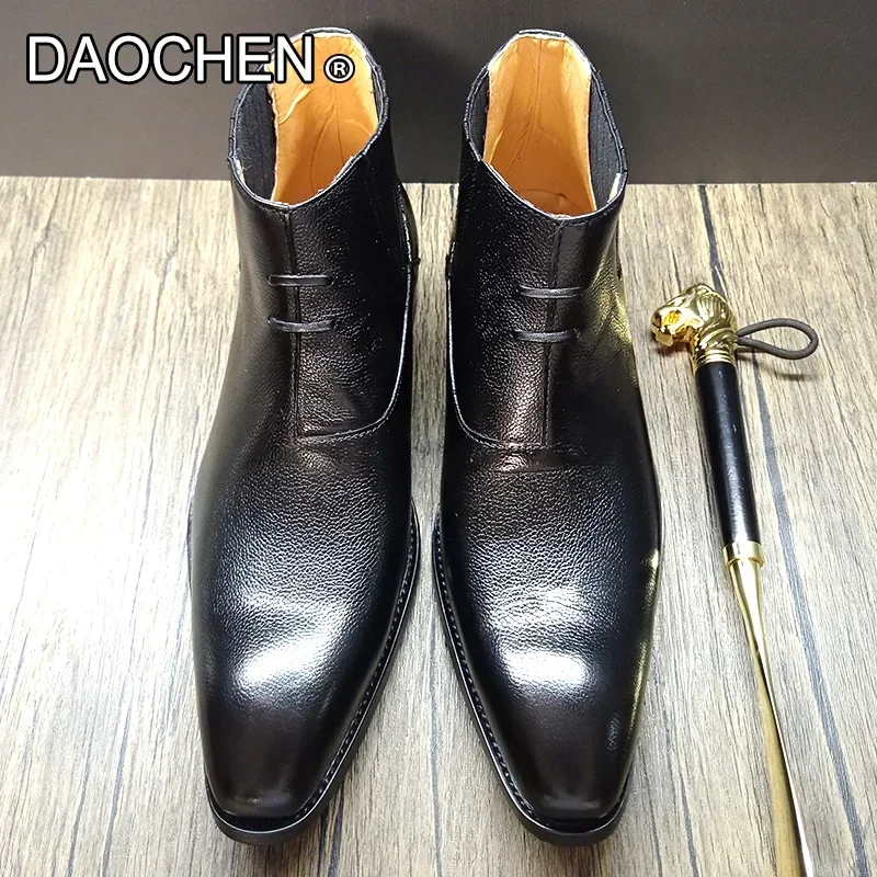 LUXURY MEN ANKLE BOOTS SHOES BLACK BROWN SLIP ON CHELSEA BOOTS REAL LEATHER MEN DRESS SHOES WEDDING OFFICE BOOTS FOR MEN