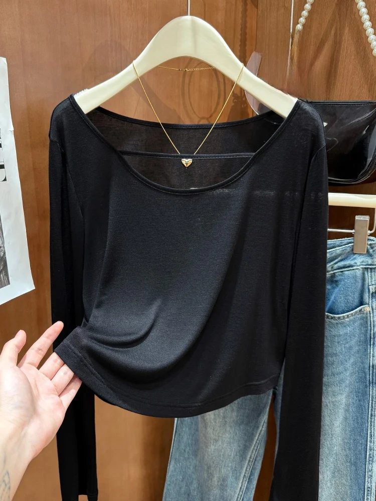 

Мягкая вязаная футболка с длинным рукавом и низким вырезом для пляжа, женская сексуальная футболка, уникальный красивый топ, удобный, дышащий, из ледяного шелка