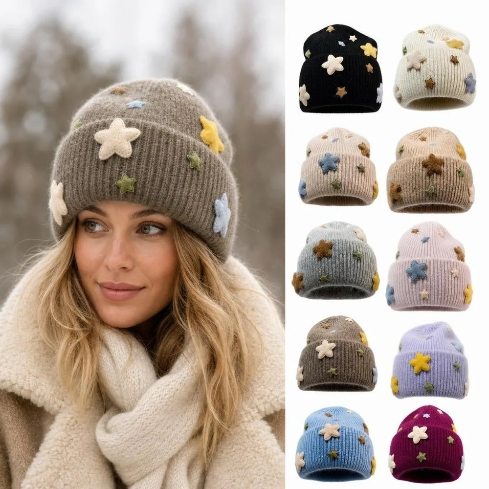 Cute 3D Star Knitted Beanie Hat Real Rabbit Fur Acrylic Blend Rabbit Fur Hat Windproof Thick Thermal Fuzzy Beanie Cold Weather
