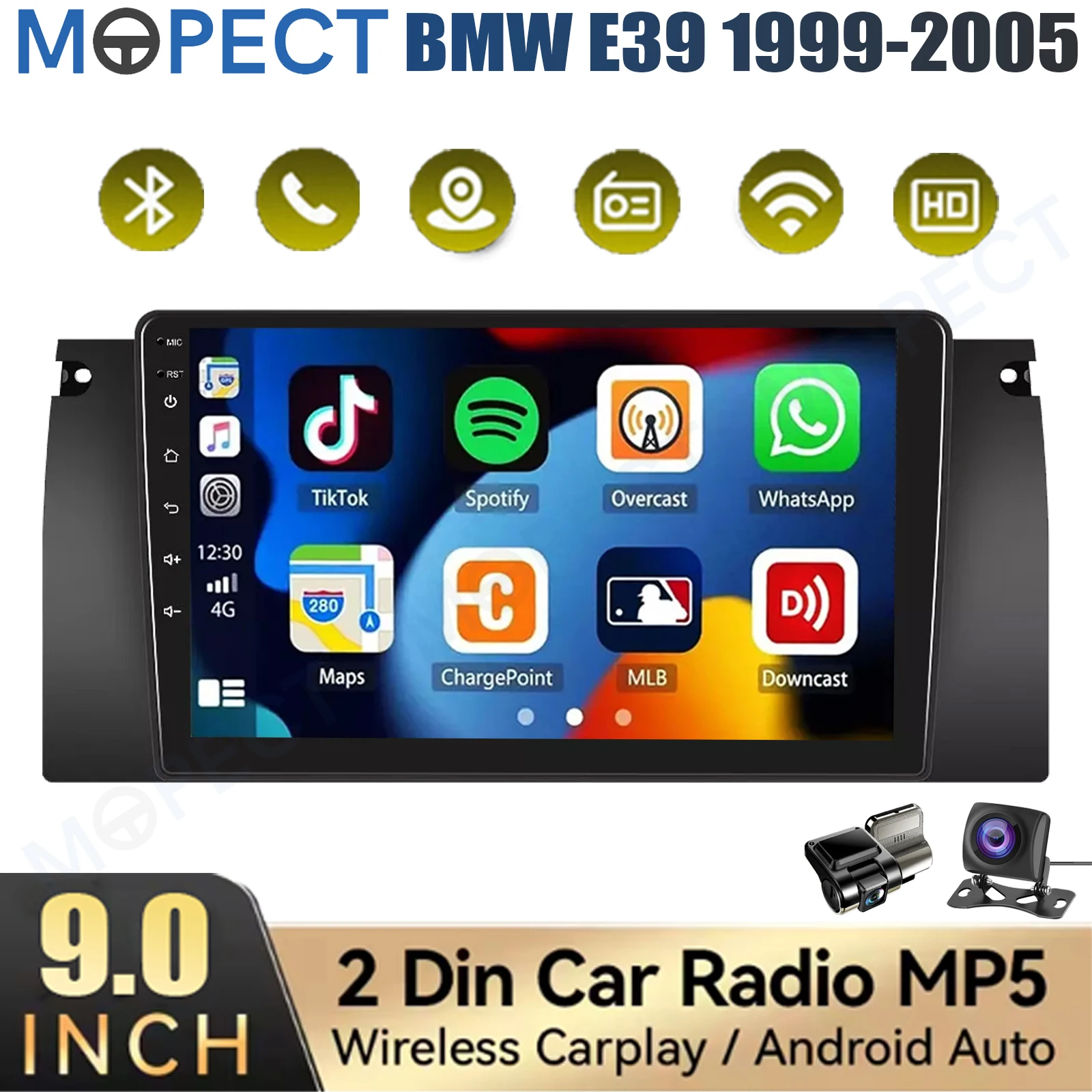 MOPECT 9" autoradio Android 15 4+64GB voor BMW 5-serie E39 7-serie E38 X5 E53 WiFi CarPlay GPS navigatie head unit AM/FM/BT+DAB&camera