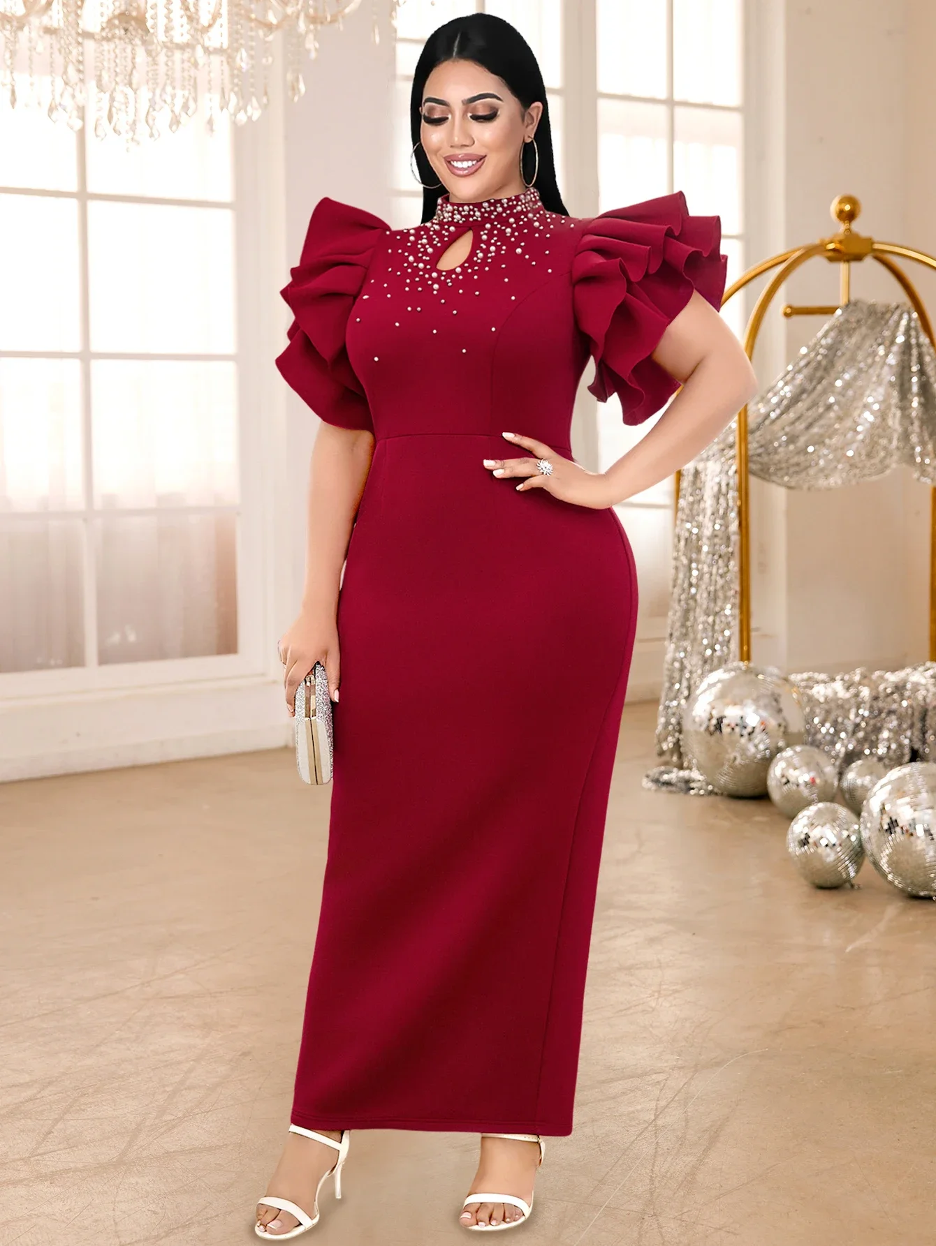 

Women Vintage Wine Beading Mock Neck Maxi Party Dress Ruffle Short Sleeve Package Hip Evening Celebrate Wedding Gowns Plus Size