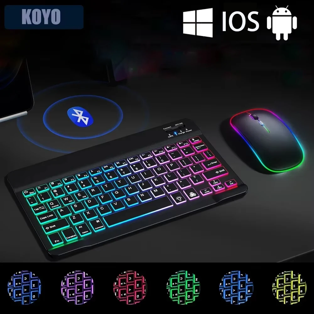 10inch Backlit RGB Bluetooth Keyboard Wireless mouse  Mini for  Spanish Russian Keyboard RGB Backlit Rechargeable Keyboard mouse