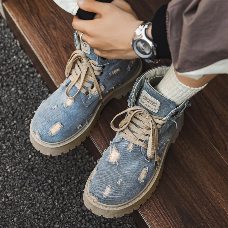New 2026 Spring Plus-size Men's Boots: British Style High-top Retro Denim Motorcycle Mid-top Thick-soled Workwear Boots for Men