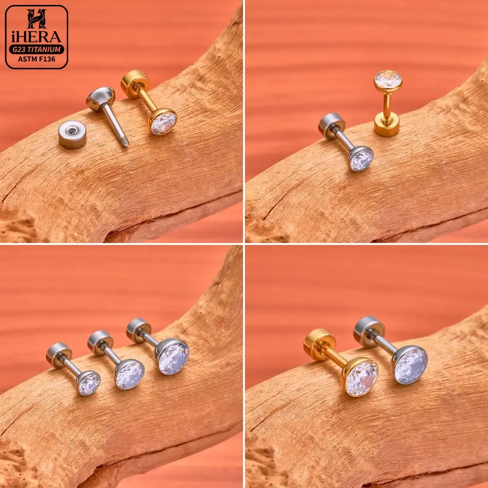 ASTM F136 Titanium Round CZ External Thread Labret Bulk Cartilage Piercing Jewelry Conch Helix Earring Tragus Jewelry Lip Ring