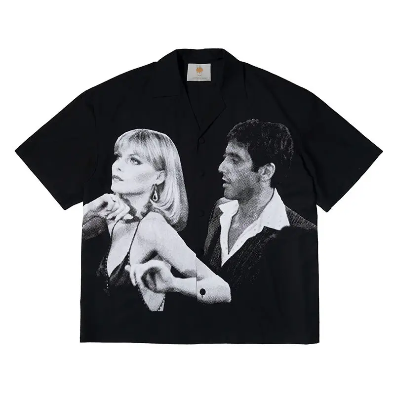 Scarface movie themed portrait print American retro elegant design sense trendy short-sleeved floral blouse  men clothing  y2k