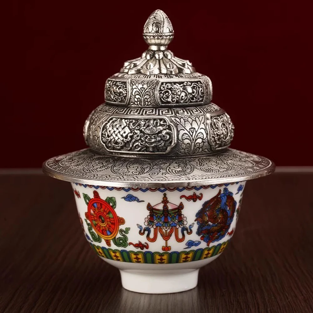 Tibetan Eight‑Auspicious Symbols Tea Stand, Mandala Fruit Plate, Lama Offering Tea Bowl, Buddhist Water Offering Altar Decor