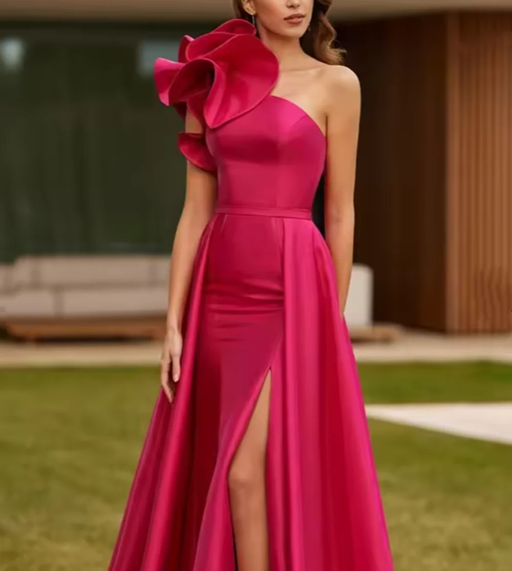 

Fuchsia Evening Dresses Satin Long Removable Skirt with Slit One Shoulder Ruffles A Line Formal Party Women Prom Gowns