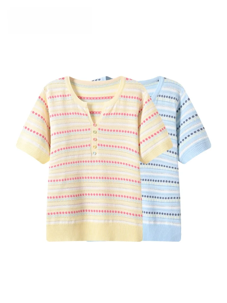 

plus Size Women's Short Sleeve T-Shirt Striped Slimming Casual Style Ice Silk Polyester Summer Fashion Top for Plump Sister