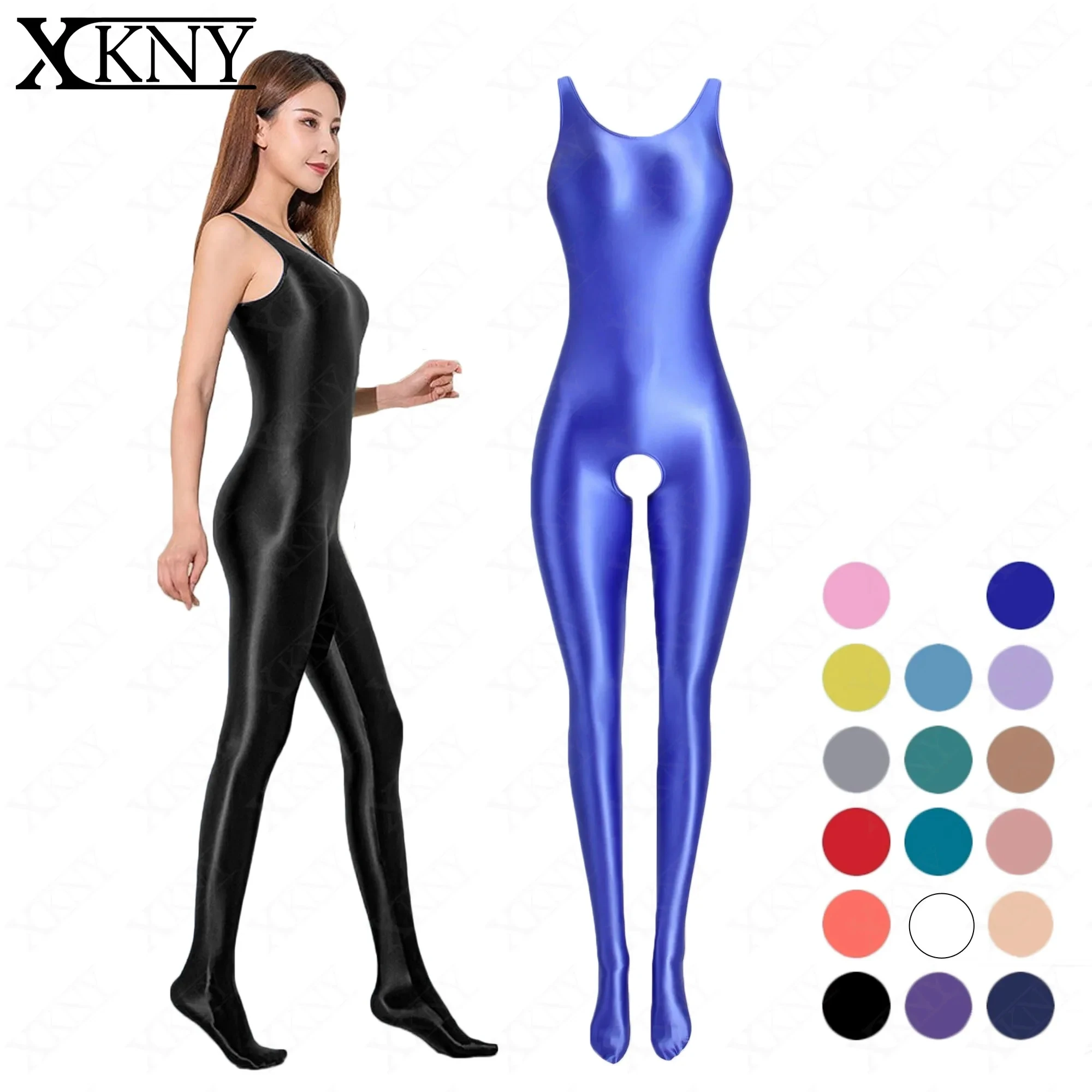 

XCKNY satin glossy suit One Piece Skin Bodysuit yoga Catsuit Jumpsuits Stretch bodystocking Spandex Zentai Crotch open tights