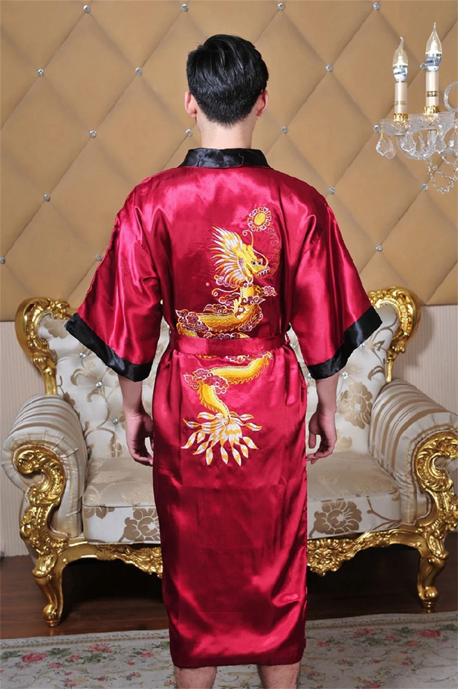 Summer Rayon Kimono Bathrobe Men Night Gown Two Side Wear Sleepwear Dragon Embroidery Shower Robe Men Novelty Home Clothing