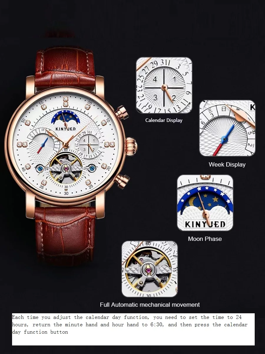 ساعة ميكانيكية متعددة الوظائف من KINYUED، ساعة رجالية أوتوماتيكية دولاب الموازنة، ساعة ميكانيكية لمرحلة القمر، ساعة رجال الأعمال