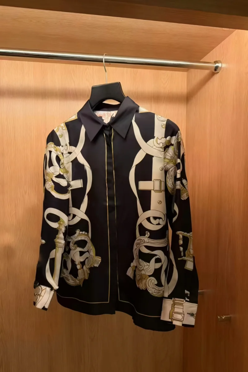 

Женская винтажная черная рубашка с принтом Clothland, повседневная офисная одежда с длинными рукавами, женская блузка, топы LB426