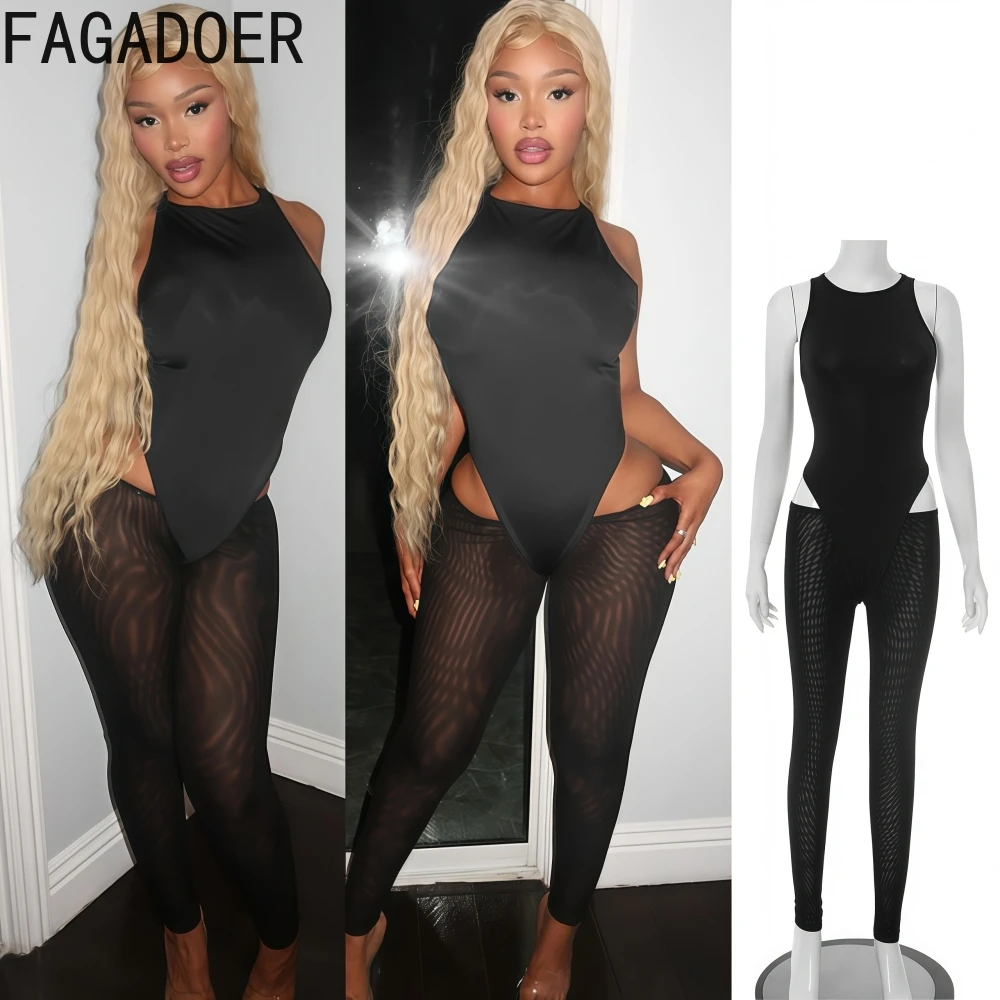 

FAGADOER Summer New Sexy Woman 2 Piece Set Outfit Solid Round Neck Sleeveless Playsuits and Mesh Low Waist Pants Outfit Clubwear