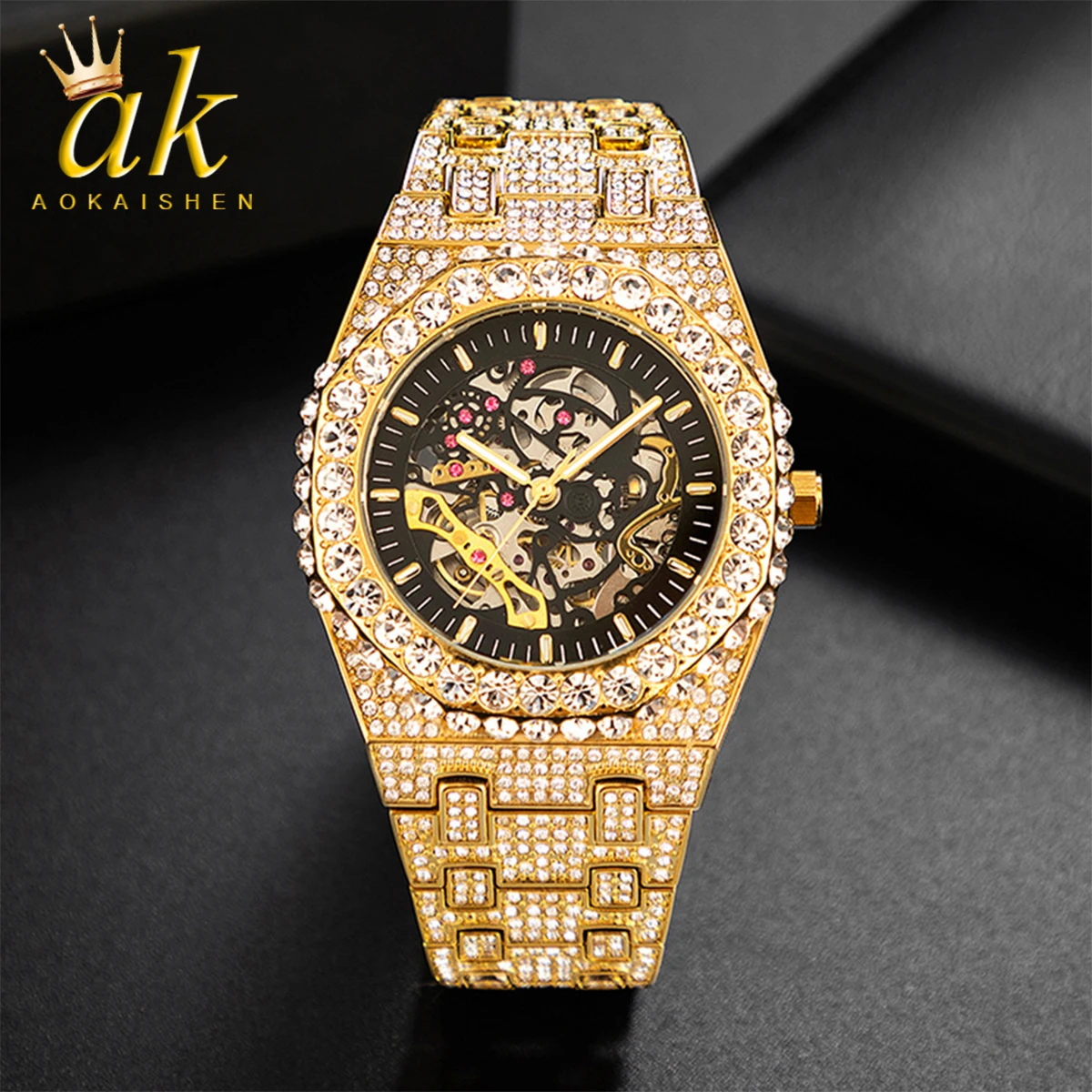 

Aokaishen Ice Hollow Out Watch for Men Quartz Clock Mechanical Rhinestone Glow Waterproof Hip Hop Fashion Jewelry 2023 Trend