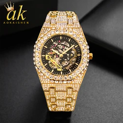 Aokaishen Ice Hollow Out Watch for Men Quartz Clock Mechanical Rhinestone Glow Waterproof Hip Hop Fashion Jewelry 2023 Trend