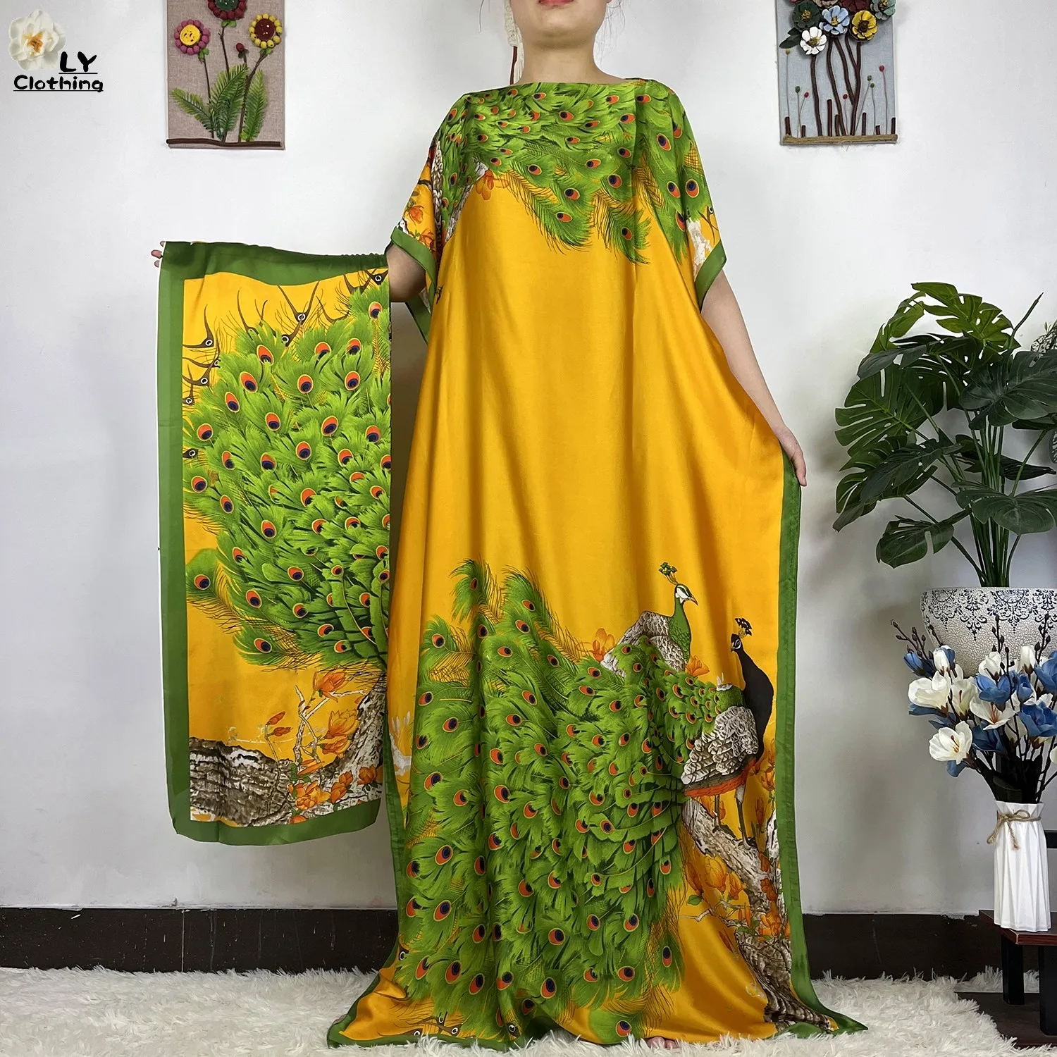 2023 New African Fashion Short Sleeve Colored Pattern Dubai Women Summer Real Silk Soft Printing Loose Tradition Muslim Dress