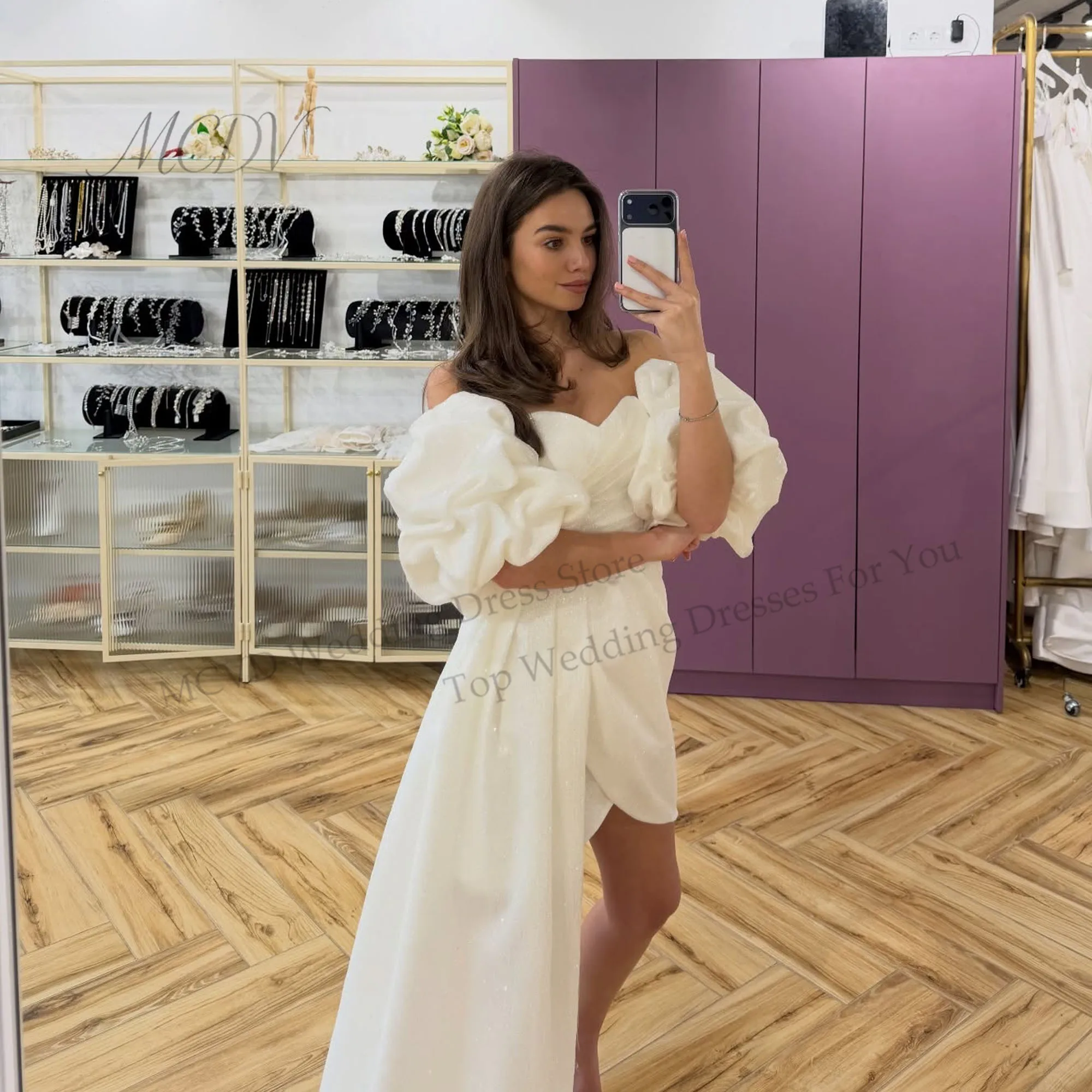 Shiny Strapless Wedding Gowns Detachable Puff Sleeve Straight Bride Mini Dress Short Reception Dresses For Weddings Customized