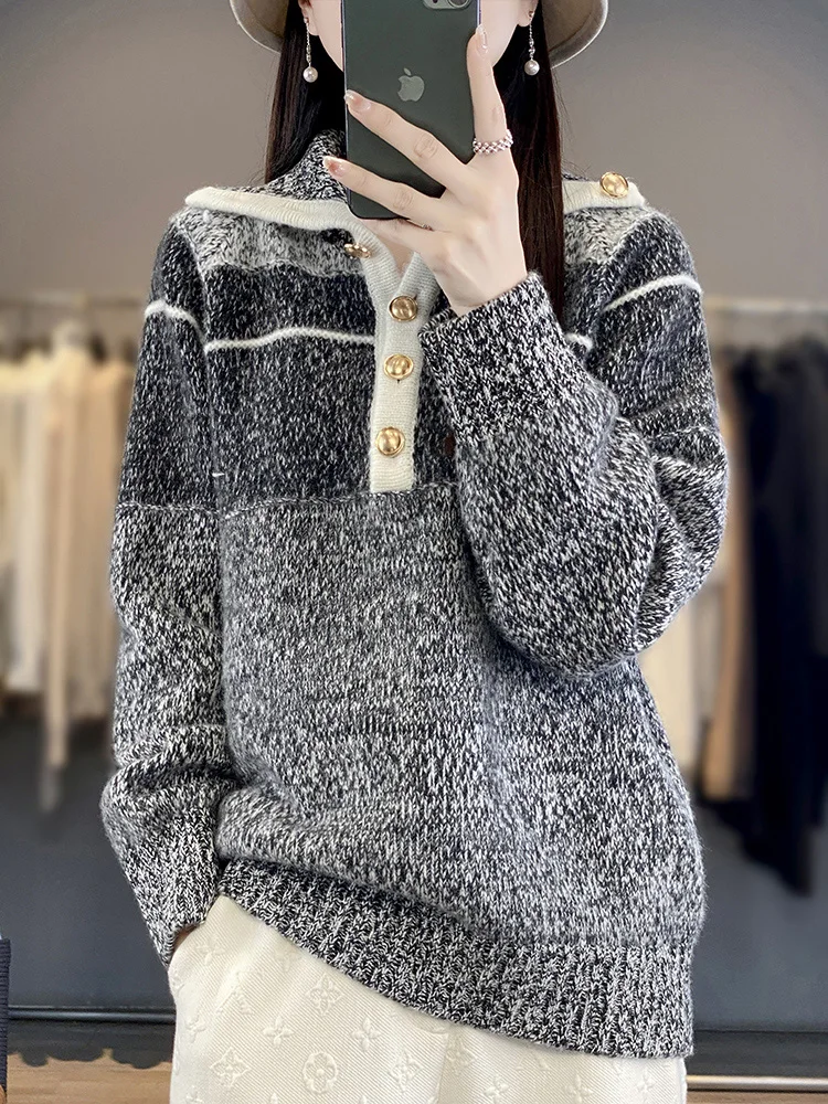 Cashmere Sweater Women\' Lapel Knitted Pullover Fashion Color Matching Large Size Tops Thicken High Neck Female Jacket Base Shirt