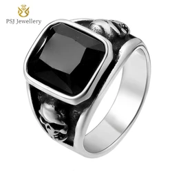 PSJ Fashion Vintage Jewelry Punk Style 15MM Black Gemstone Skull Design Titanium Stainless Steel Finger Rings for Men