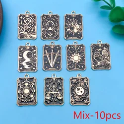 10pcs Black Alloy Enamel Tarot Card Charms Pendant Sun Moon Patterns, Rectangle, For Jewelry Making Findings Crafting Accessory