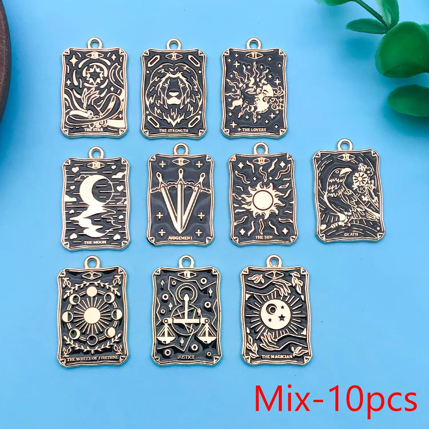 10pcs Black Alloy Enamel Tarot Card Charms Pendant Sun Moon Patterns, Rectangle, For Jewelry Making Findings Crafting Accessory