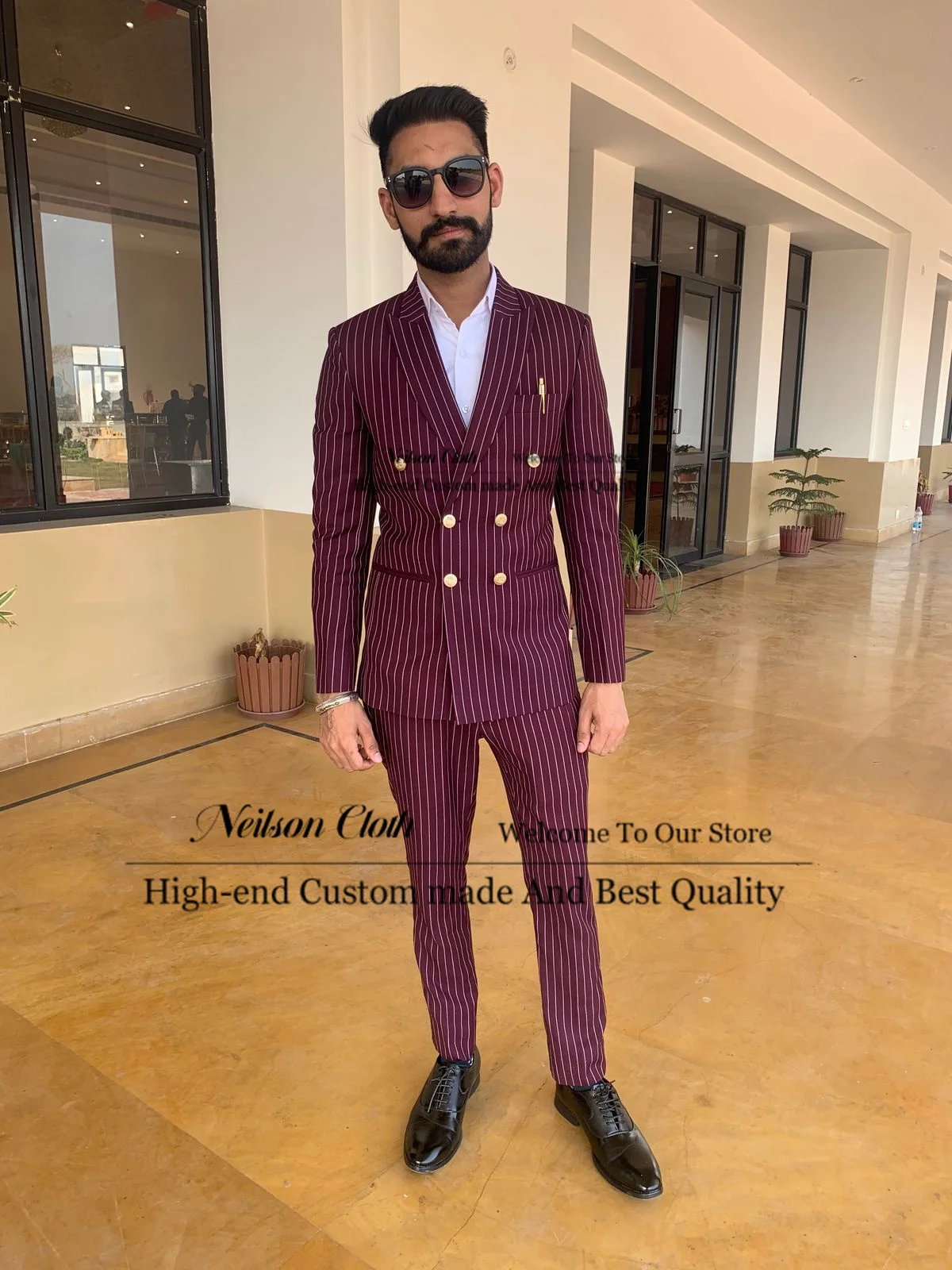 

Stripe 2 Pieces Sets Male Prom Blazers Burgundy Double Breasted Groom Wedding Tuxedos Customized Peaked Lapel Terno Masculino