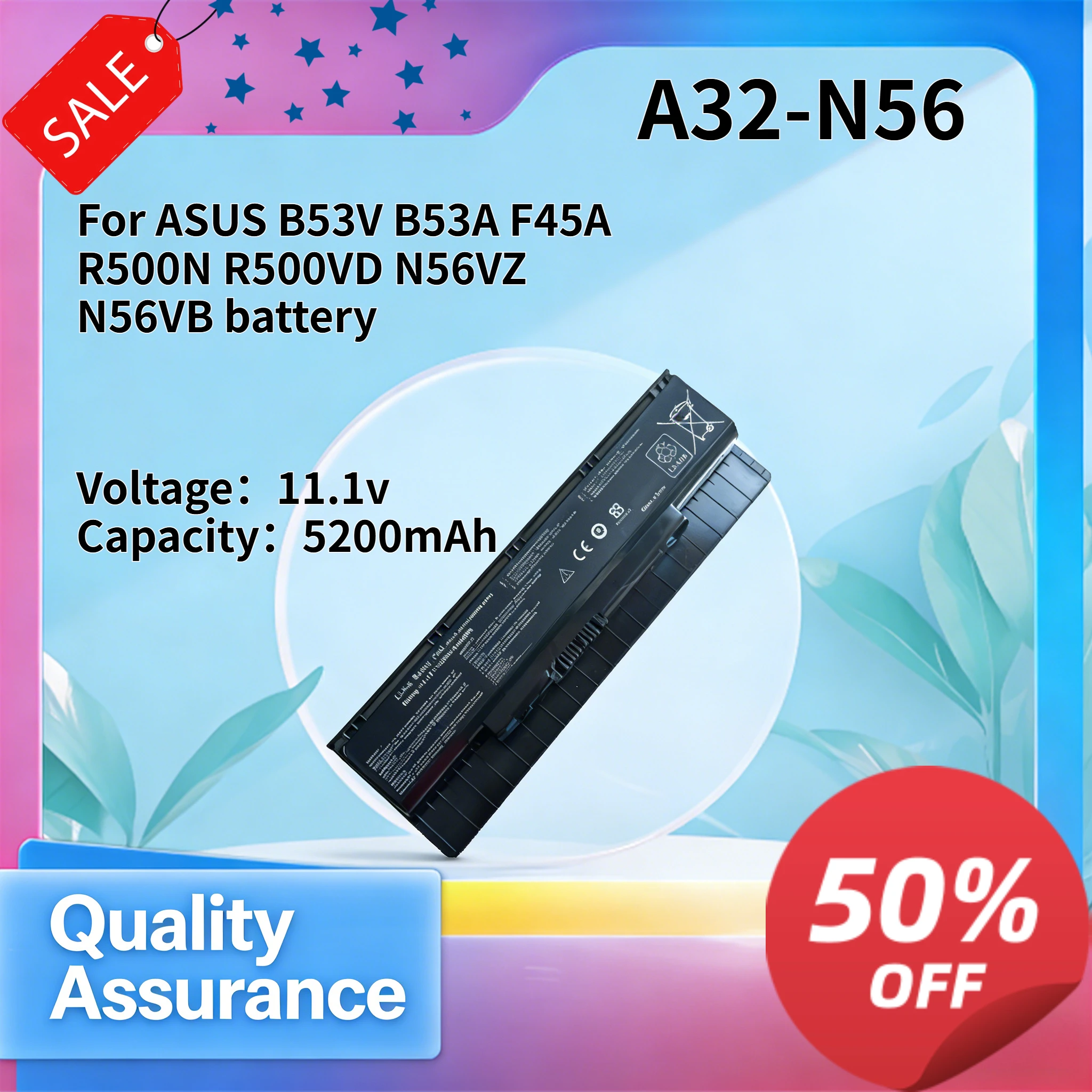 5200mAh 11.1V A32-N56 Compatible with ASUS B53V B53A F45A R500N R500VD N56VZ N56VB battery