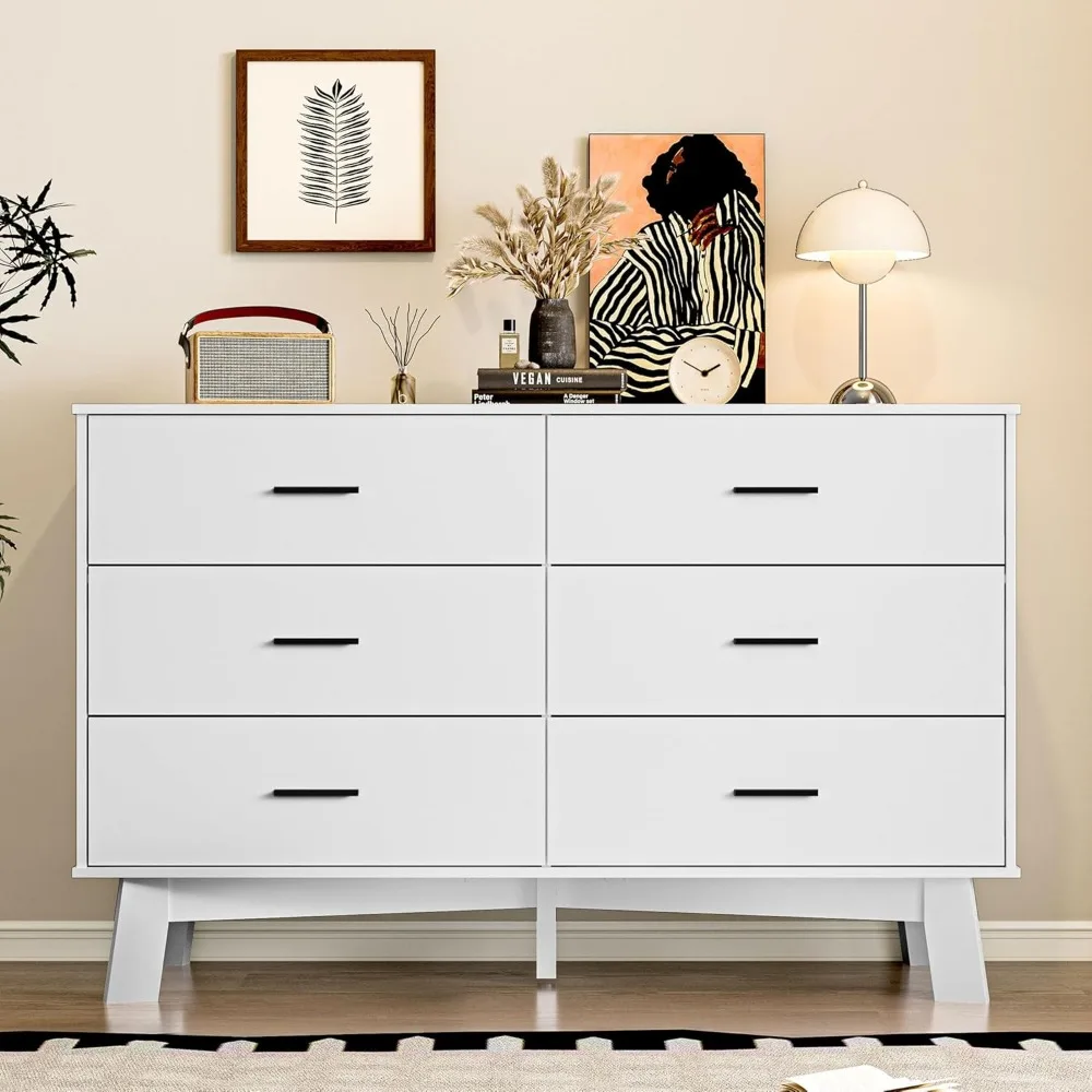 Modern 6-Drawer Bedroom Chest with Metal Handles, X-Base Design and Adjustable Leg Support